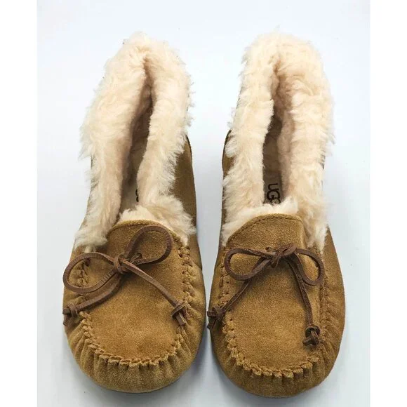 UGG Kid's Tan Suede Alena Shearling-Lined Moccasin Slippers Size 3 2513 - Picture 10 of 16